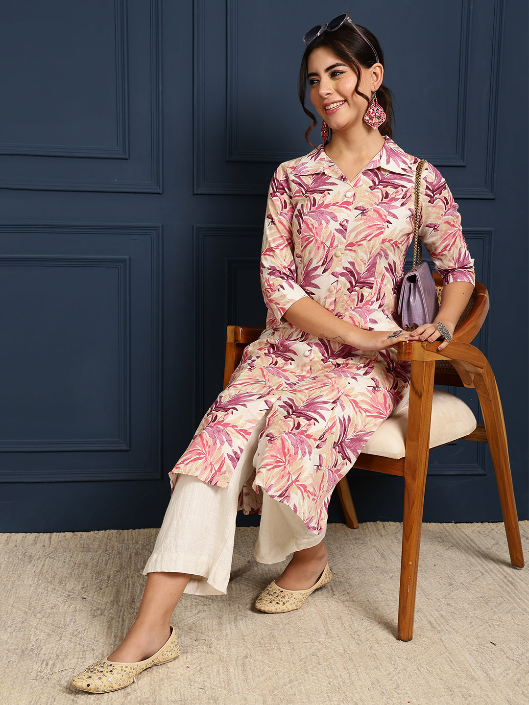 Flex Calf Length Printed Straight 3/4 Sleeves Shirt Coller Kurta