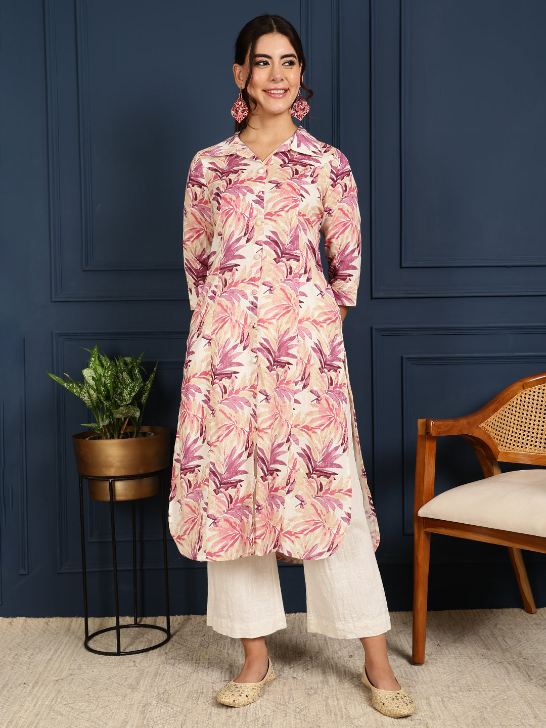 Flex Calf Length Printed Straight 3/4 Sleeves Shirt Coller Kurta