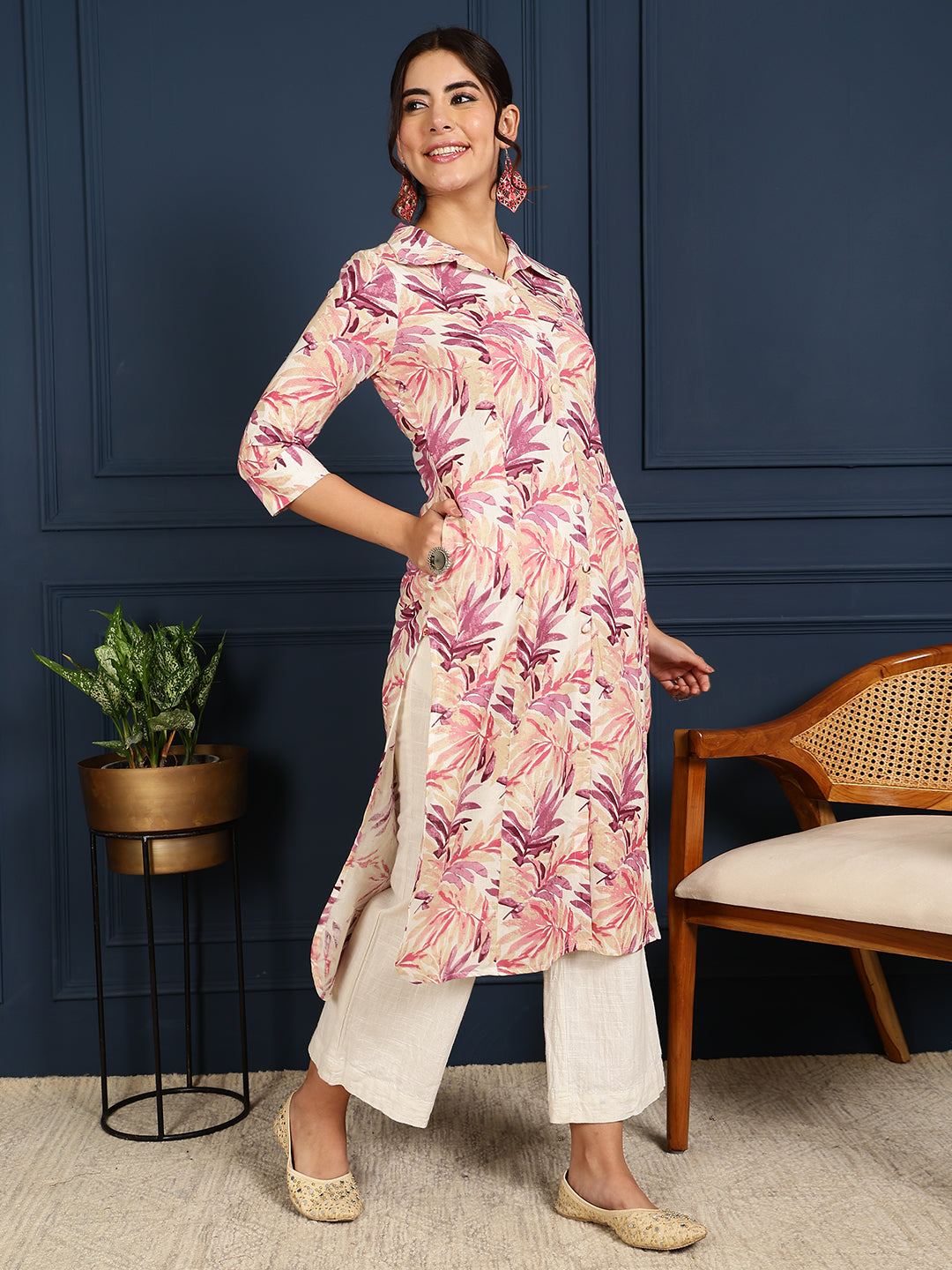 Flex Calf Length Printed Straight 3/4 Sleeves Shirt Coller Kurta