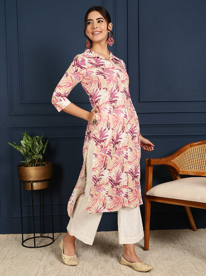 Flex Calf Length Printed Straight 3/4 Sleeves Shirt Coller Kurta