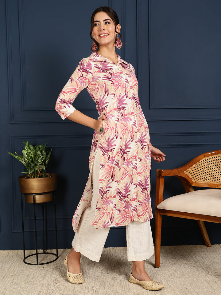 Flex Calf Length Printed Straight 3/4 Sleeves Shirt Coller Kurta