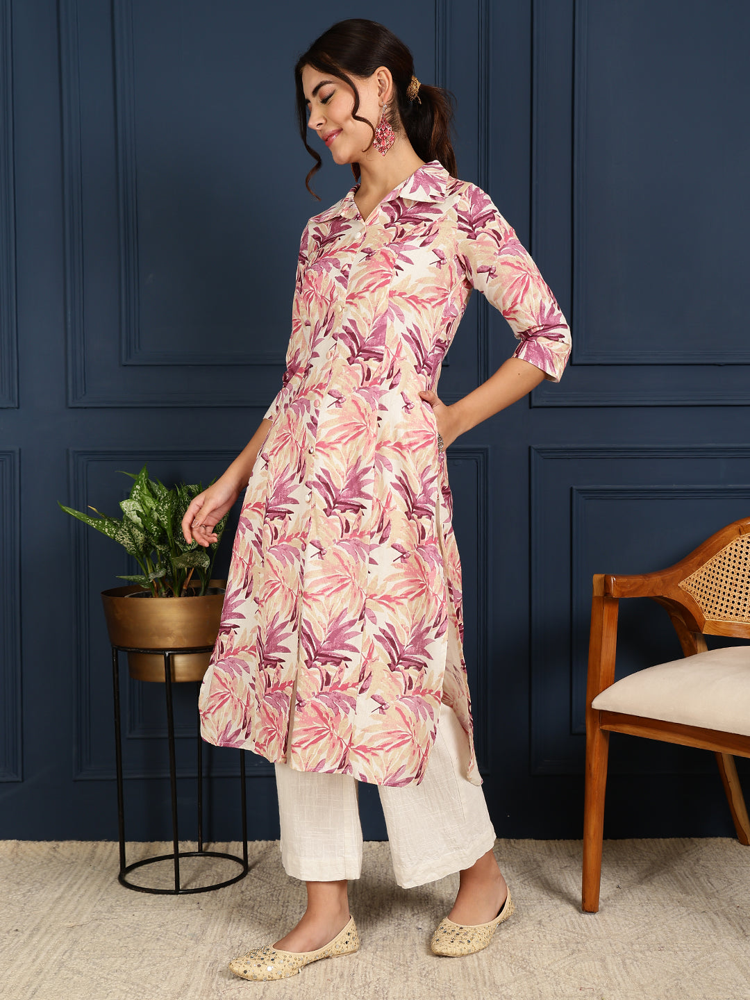 Flex Calf Length Printed Straight 3/4 Sleeves Shirt Coller Kurta