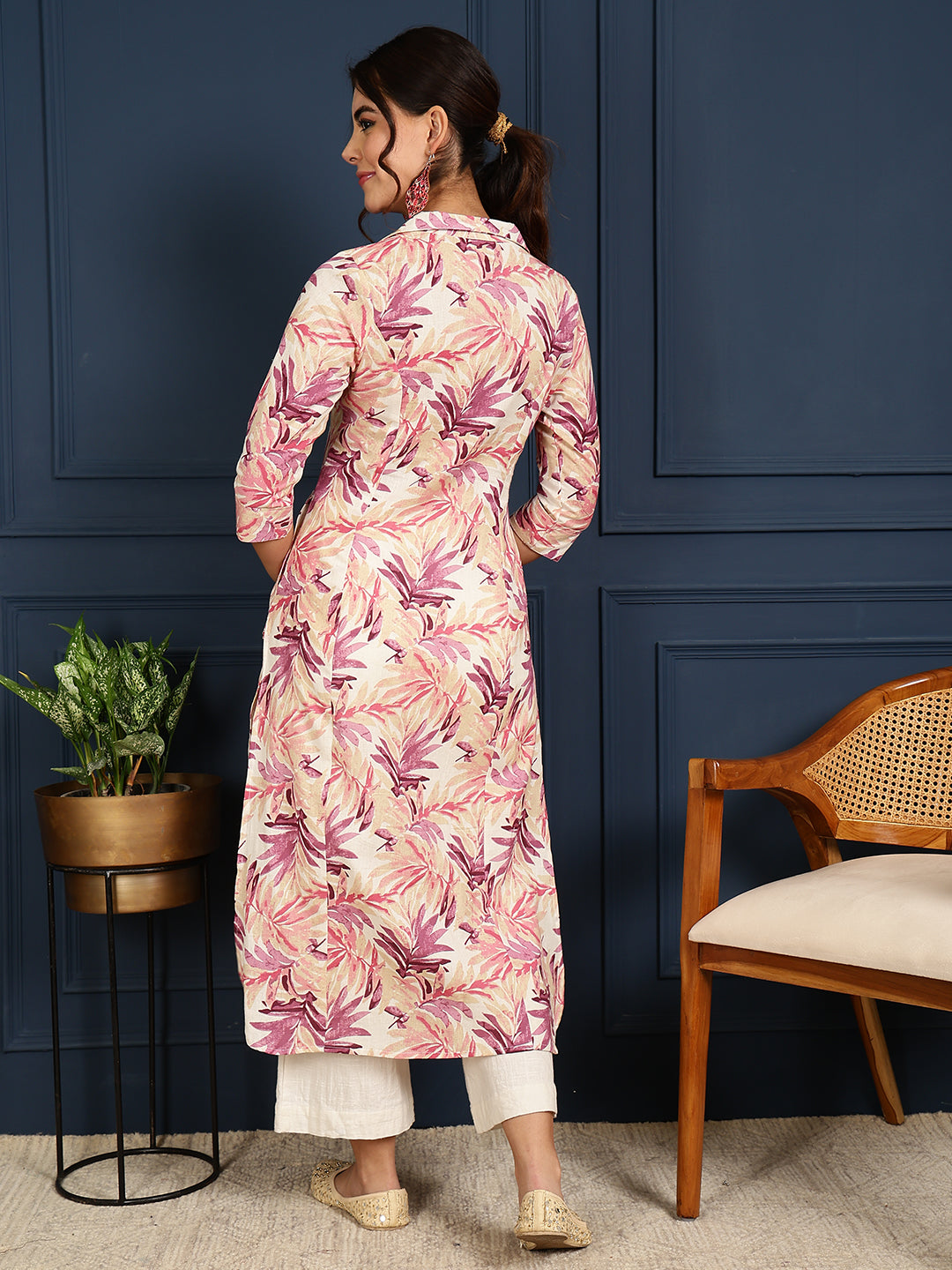 Flex Calf Length Printed Straight 3/4 Sleeves Shirt Coller Kurta