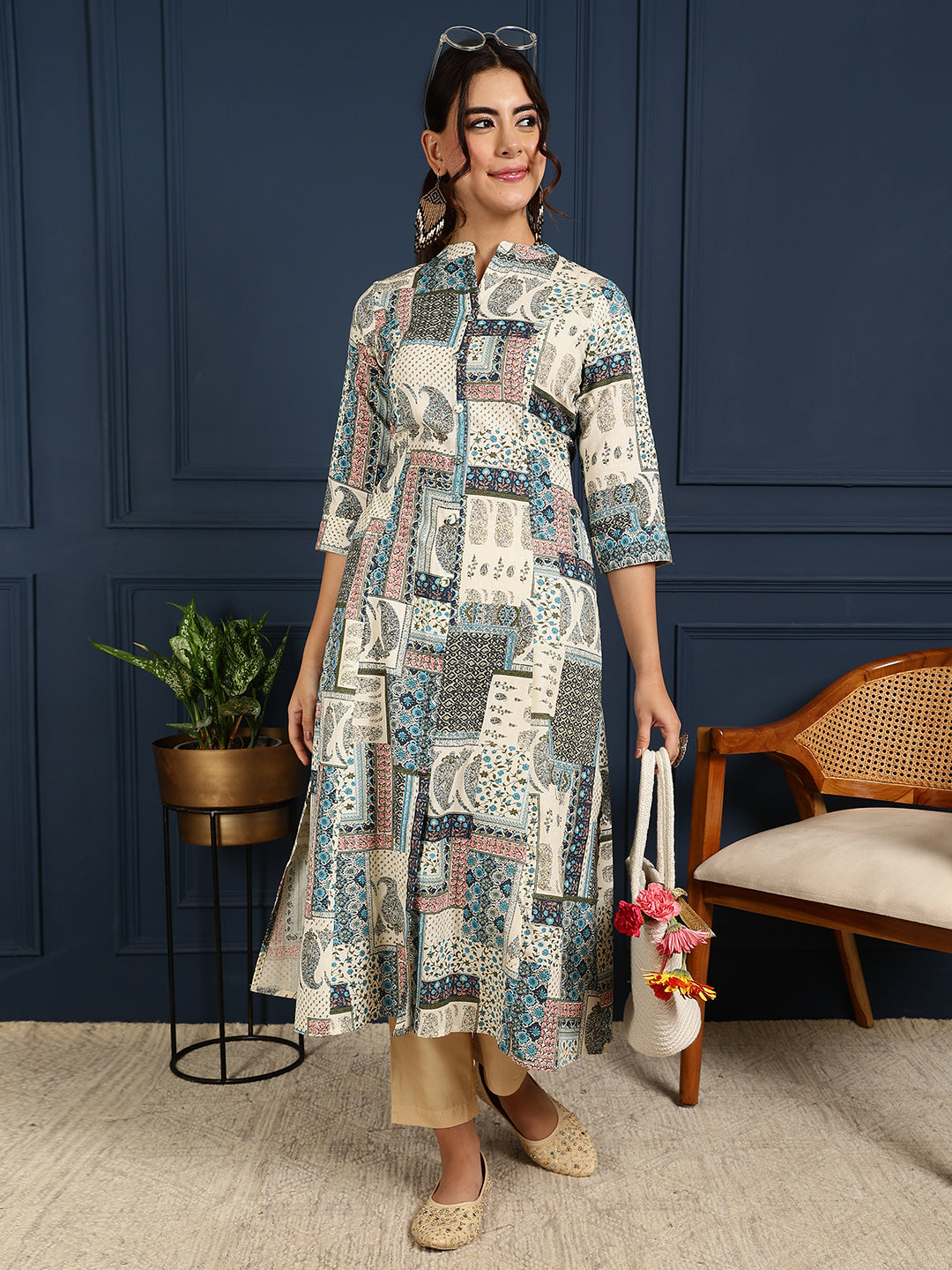 Flex Calf Length Printed A-Line 3/4 Sleeves Mandarin Coller Kurta