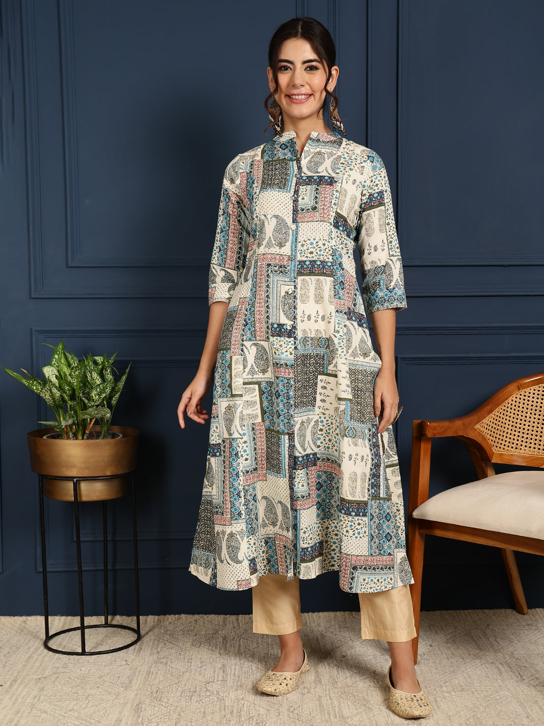 Flex Calf Length Printed A-Line 3/4 Sleeves Mandarin Coller Kurta