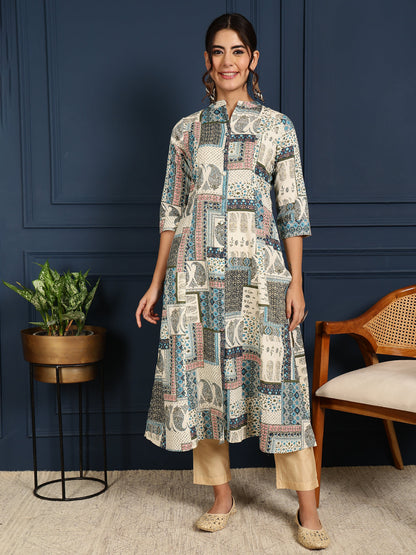 Flex Calf Length Printed A-Line 3/4 Sleeves Mandarin Coller Kurta