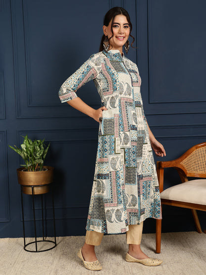 Flex Calf Length Printed A-Line 3/4 Sleeves Mandarin Coller Kurta