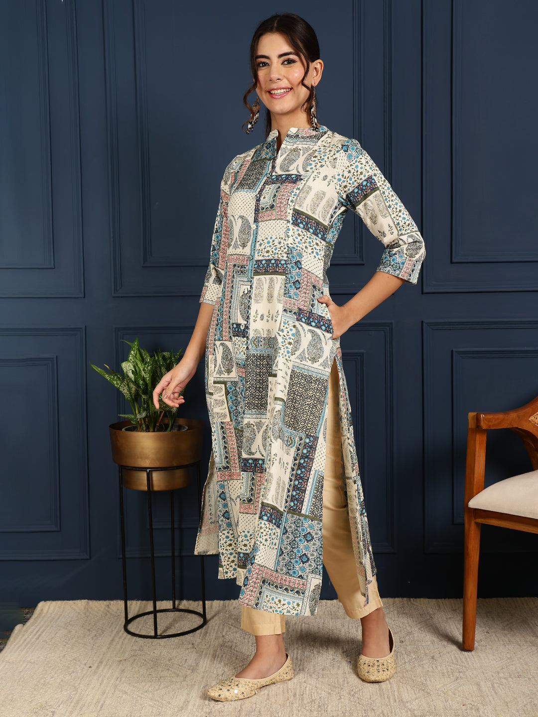 Flex Calf Length Printed A-Line 3/4 Sleeves Mandarin Coller Kurta
