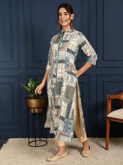 Flex Calf Length Printed A-Line 3/4 Sleeves Mandarin Coller Kurta