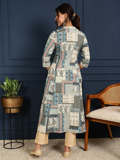 Flex Calf Length Printed A-Line 3/4 Sleeves Mandarin Coller Kurta