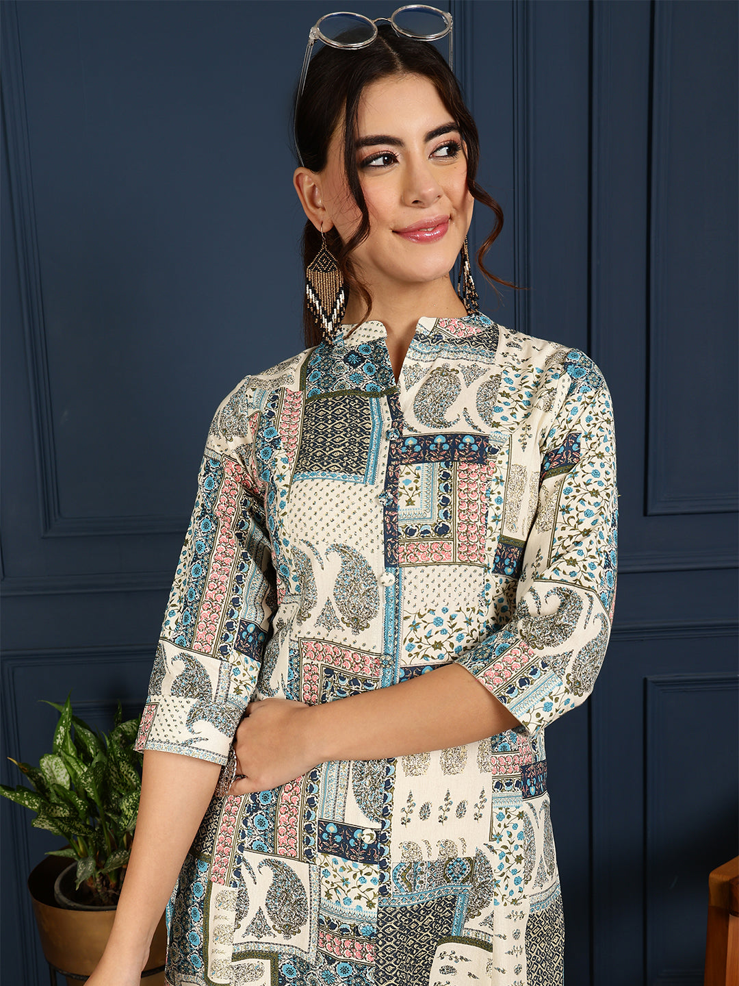 Flex Calf Length Printed A-Line 3/4 Sleeves Mandarin Coller Kurta