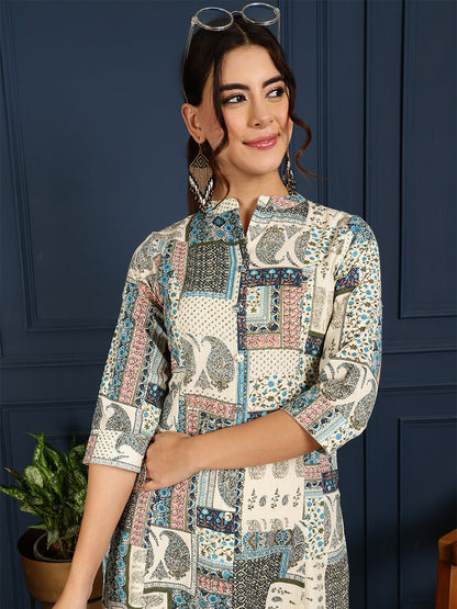 Flex Calf Length Printed A-Line 3/4 Sleeves Mandarin Coller Kurta