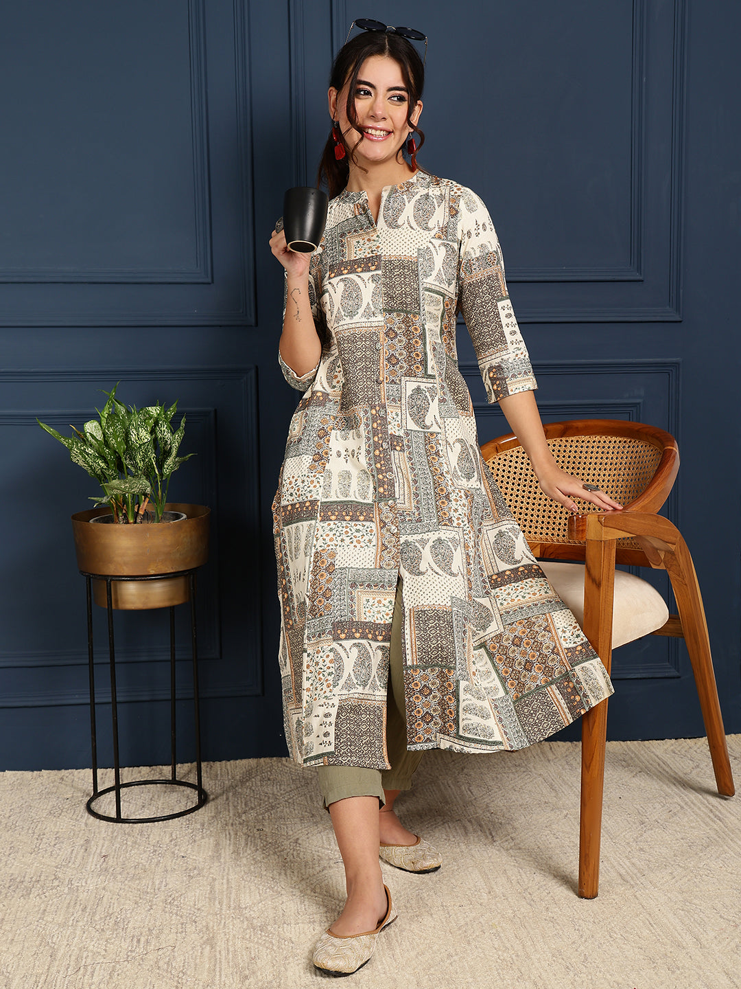 Flex Calf Length Printed A-Line 3/4 Sleeves Mandarin Coller Kurta