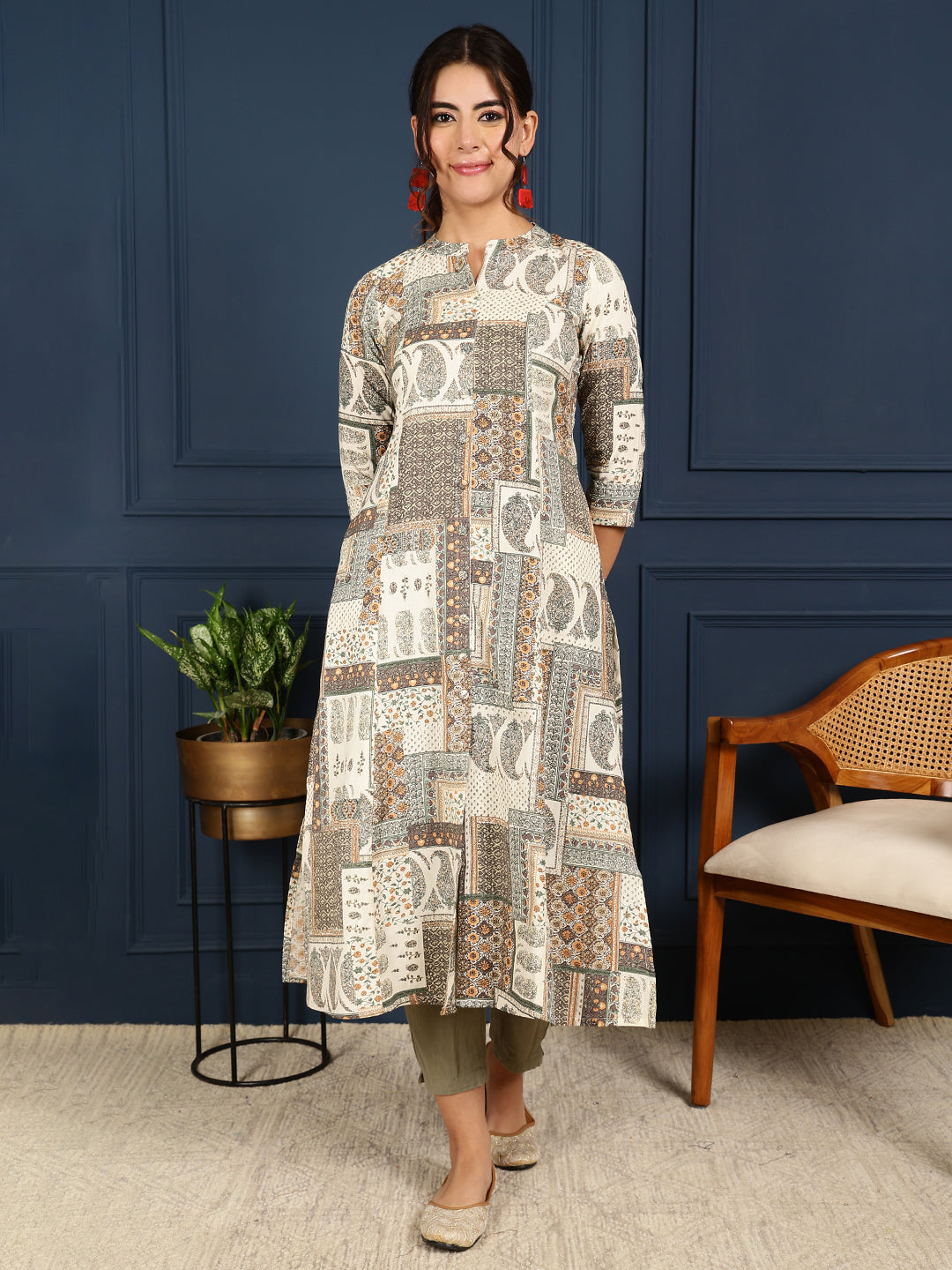 Flex Calf Length Printed A-Line 3/4 Sleeves Mandarin Coller Kurta