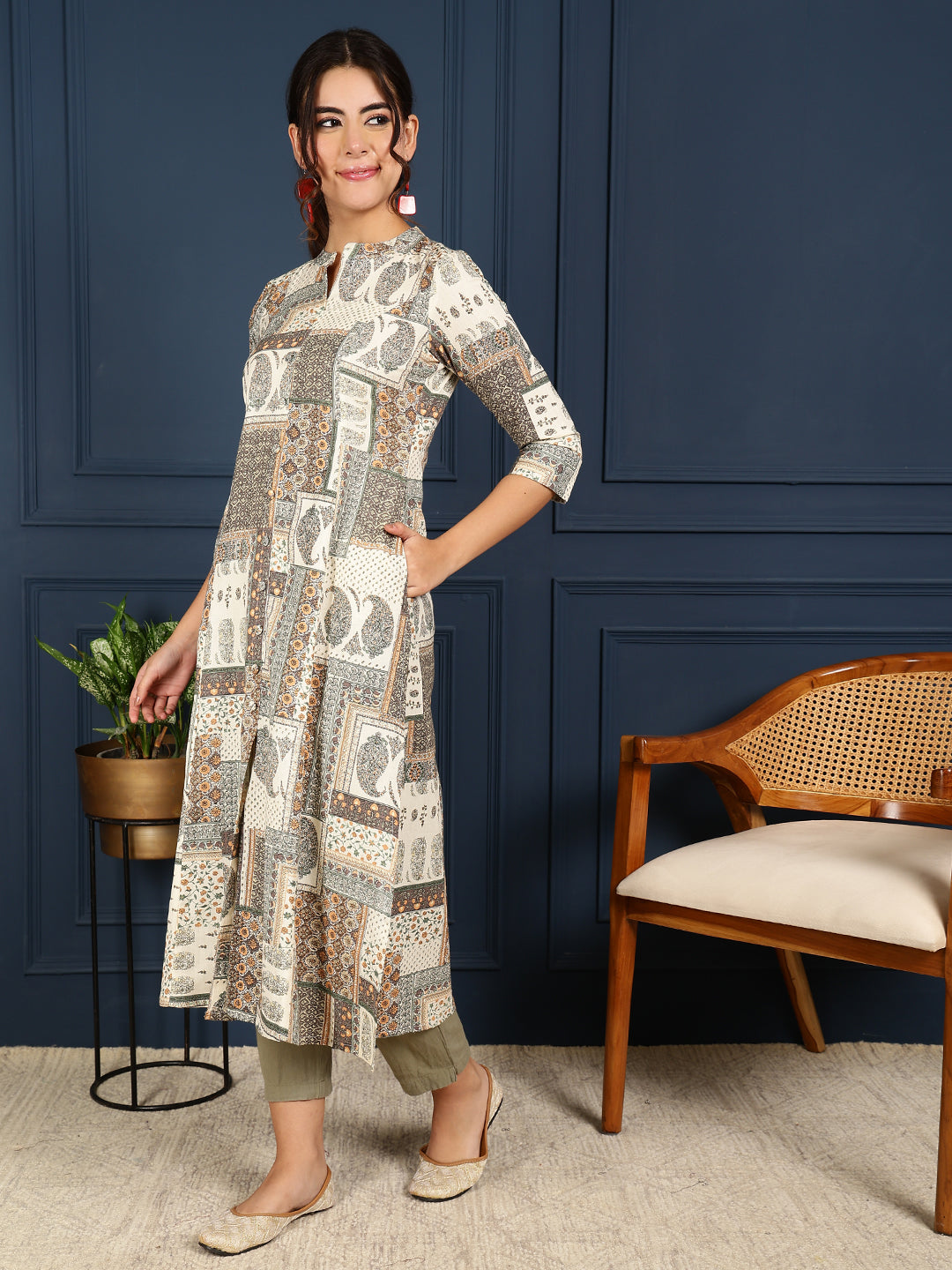 Flex Calf Length Printed A-Line 3/4 Sleeves Mandarin Coller Kurta