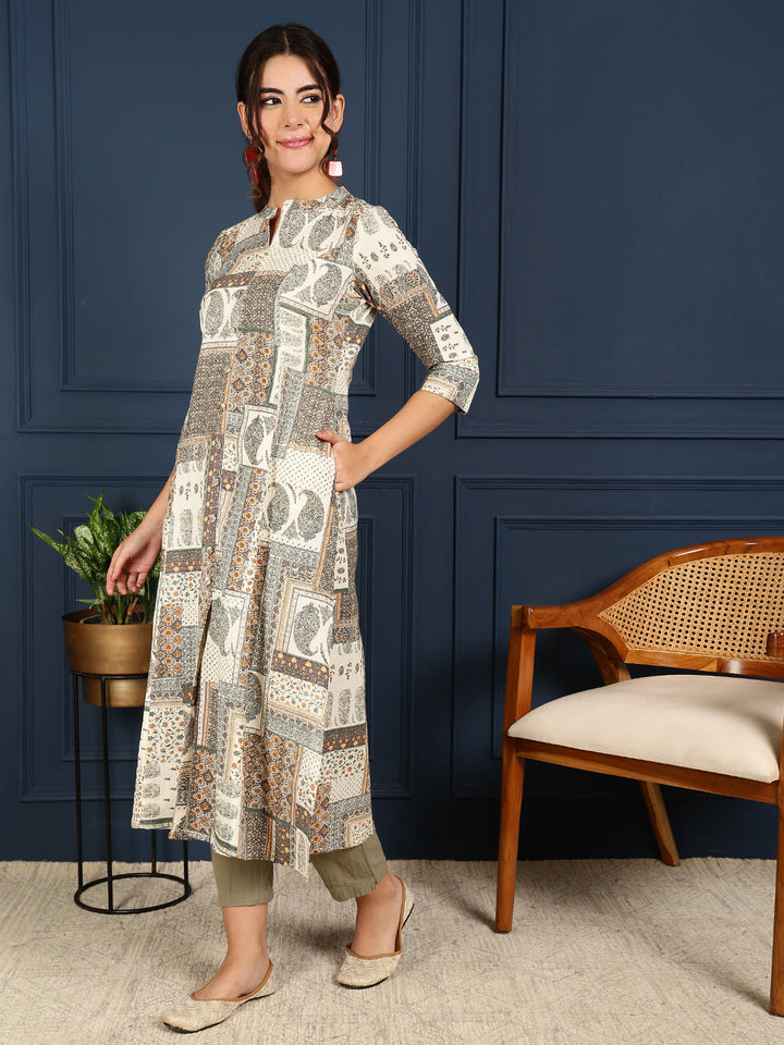 Flex Calf Length Printed A-Line 3/4 Sleeves Mandarin Coller Kurta