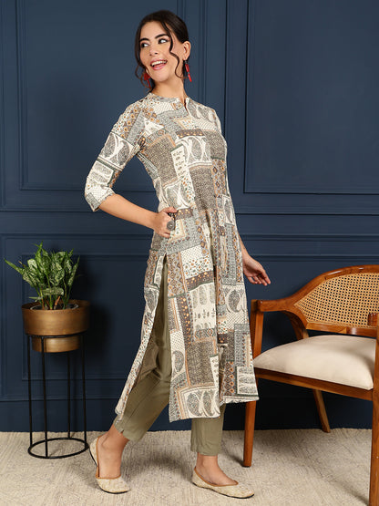 Flex Calf Length Printed A-Line 3/4 Sleeves Mandarin Coller Kurta