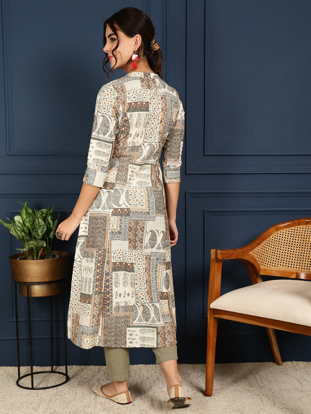 Flex Calf Length Printed A-Line 3/4 Sleeves Mandarin Coller Kurta