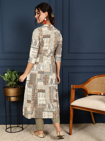 Flex Calf Length Printed A-Line 3/4 Sleeves Mandarin Coller Kurta