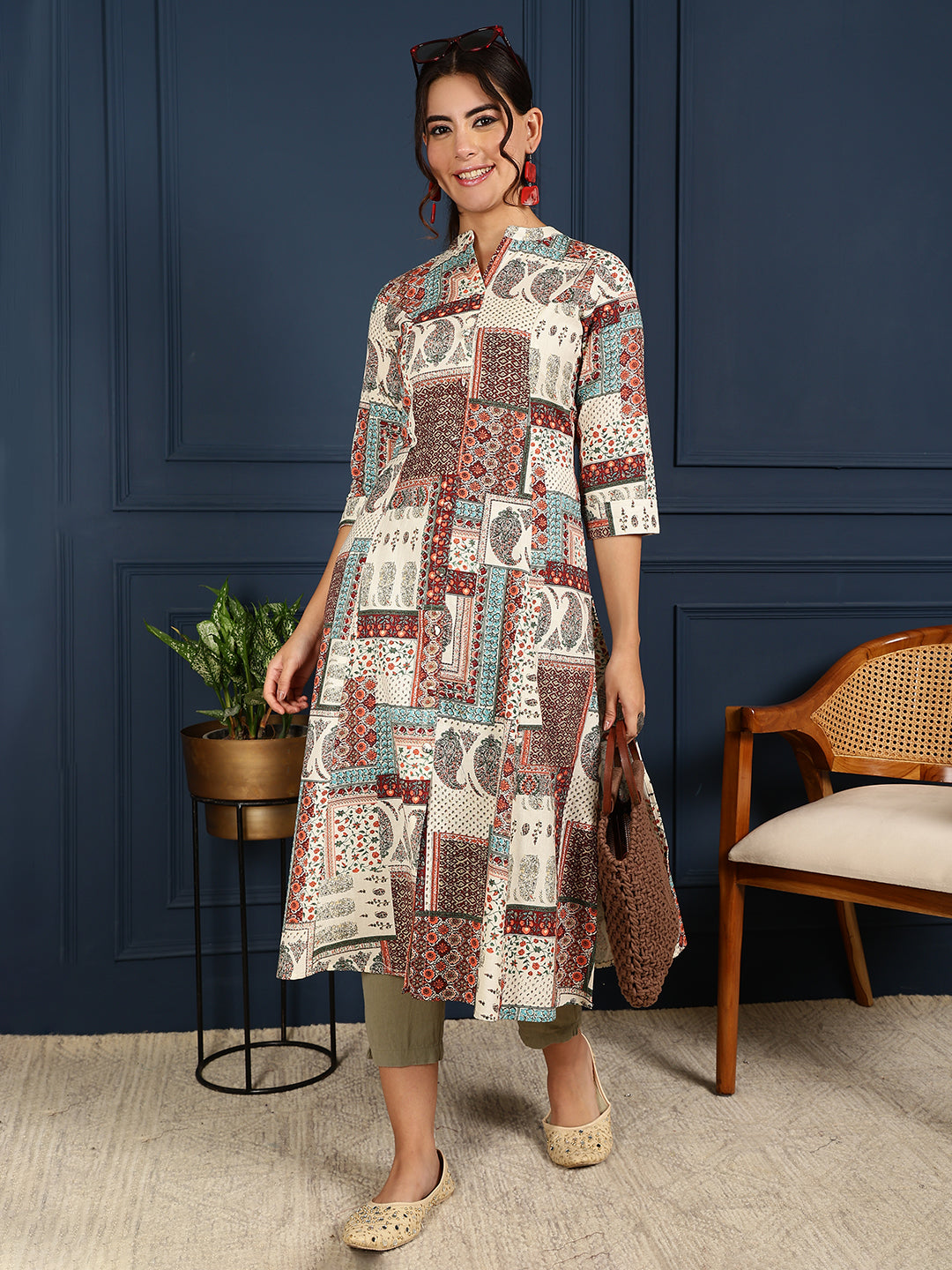 Flex Calf Length Printed A-Line 3/4 Sleeves Mandarin Coller Kurta