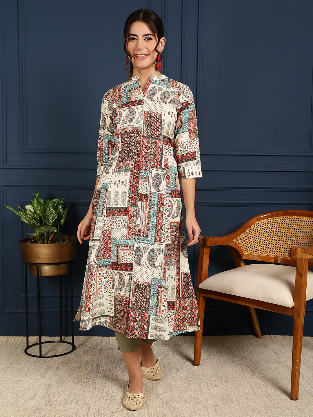 Flex Calf Length Printed A-Line 3/4 Sleeves Mandarin Coller Kurta