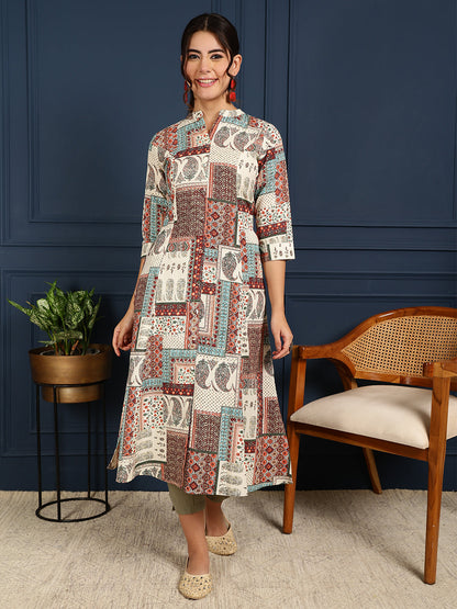 Flex Calf Length Printed A-Line 3/4 Sleeves Mandarin Coller Kurta