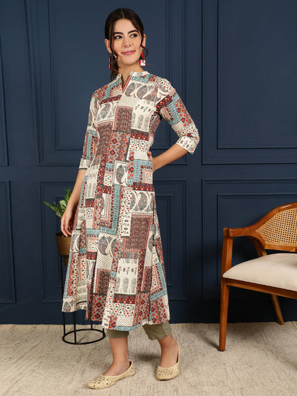 Flex Calf Length Printed A-Line 3/4 Sleeves Mandarin Coller Kurta