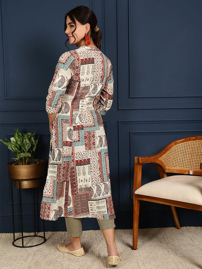 Flex Calf Length Printed A-Line 3/4 Sleeves Mandarin Coller Kurta