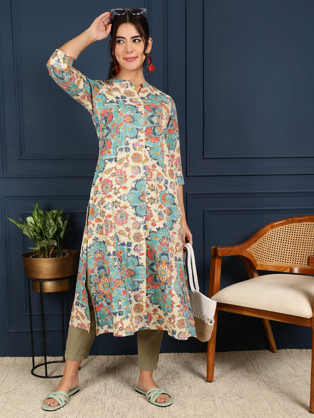 Flex Calf Length Printed A-Line 3/4 Sleeves Mandarin Coller Kurta
