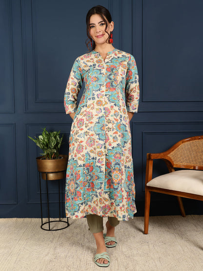 Flex Calf Length Printed A-Line 3/4 Sleeves Mandarin Coller Kurta