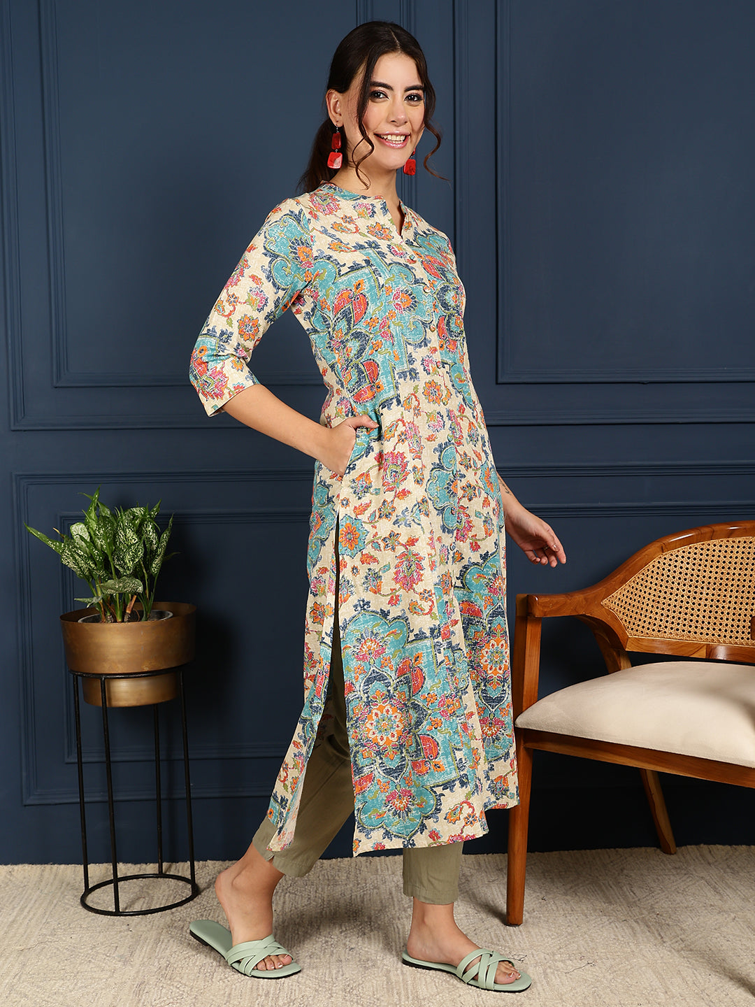 Flex Calf Length Printed A-Line 3/4 Sleeves Mandarin Coller Kurta