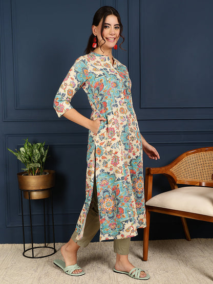 Flex Calf Length Printed A-Line 3/4 Sleeves Mandarin Coller Kurta