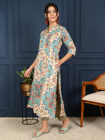 Flex Calf Length Printed A-Line 3/4 Sleeves Mandarin Coller Kurta