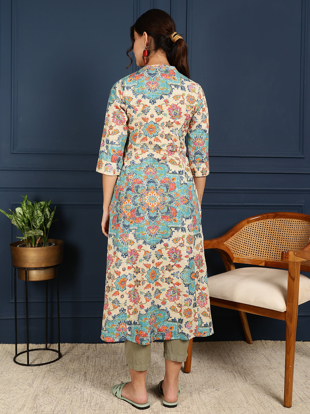 Flex Calf Length Printed A-Line 3/4 Sleeves Mandarin Coller Kurta