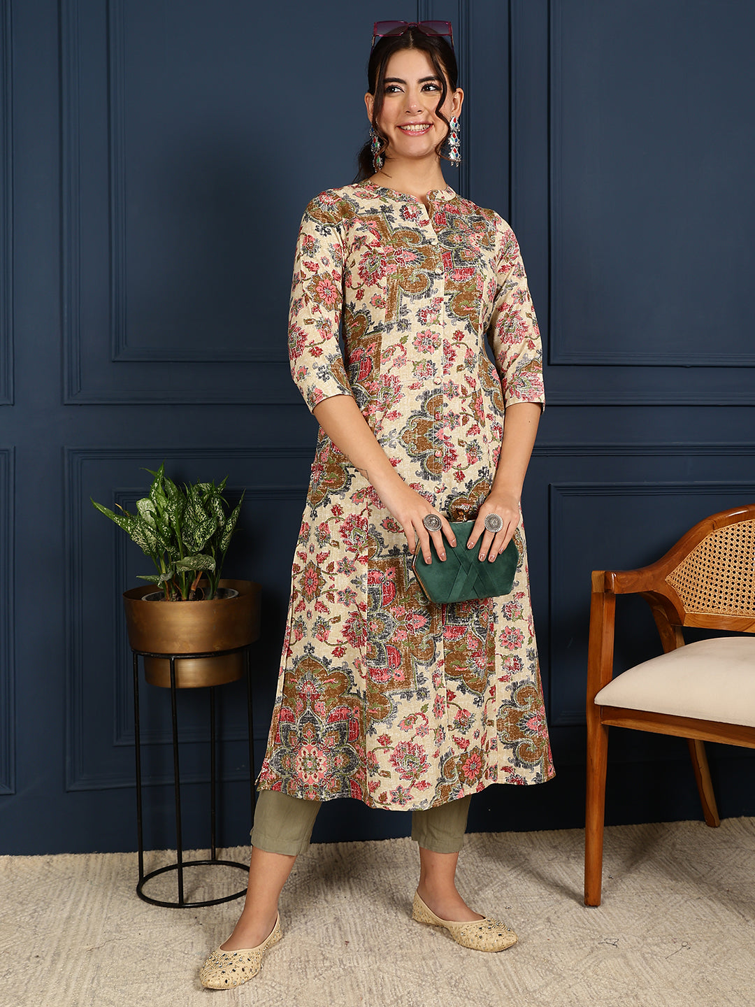 Flex Calf Length Printed A-Line 3/4 Sleeves Mandarin Coller Kurta