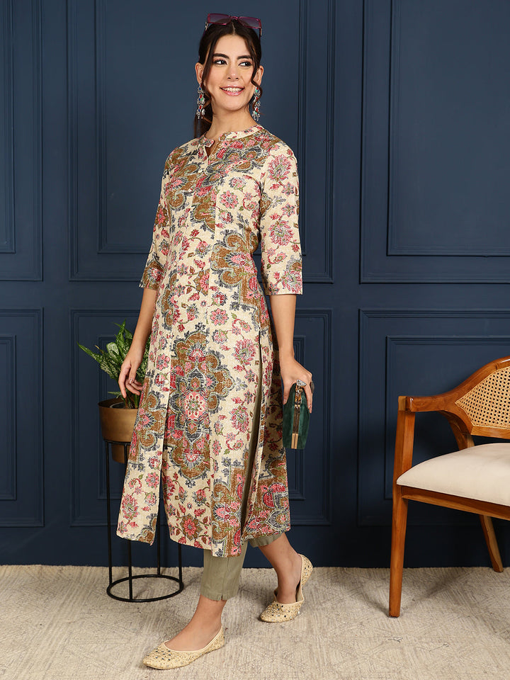 Flex Calf Length Printed A-Line 3/4 Sleeves Mandarin Coller Kurta