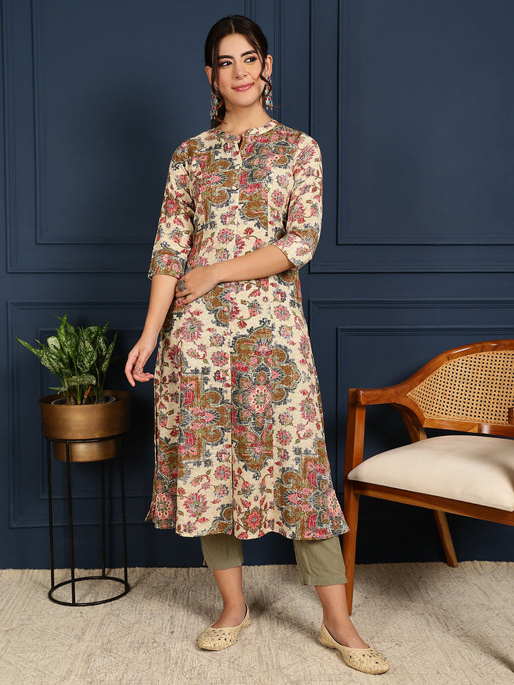 Flex Calf Length Printed A-Line 3/4 Sleeves Mandarin Coller Kurta
