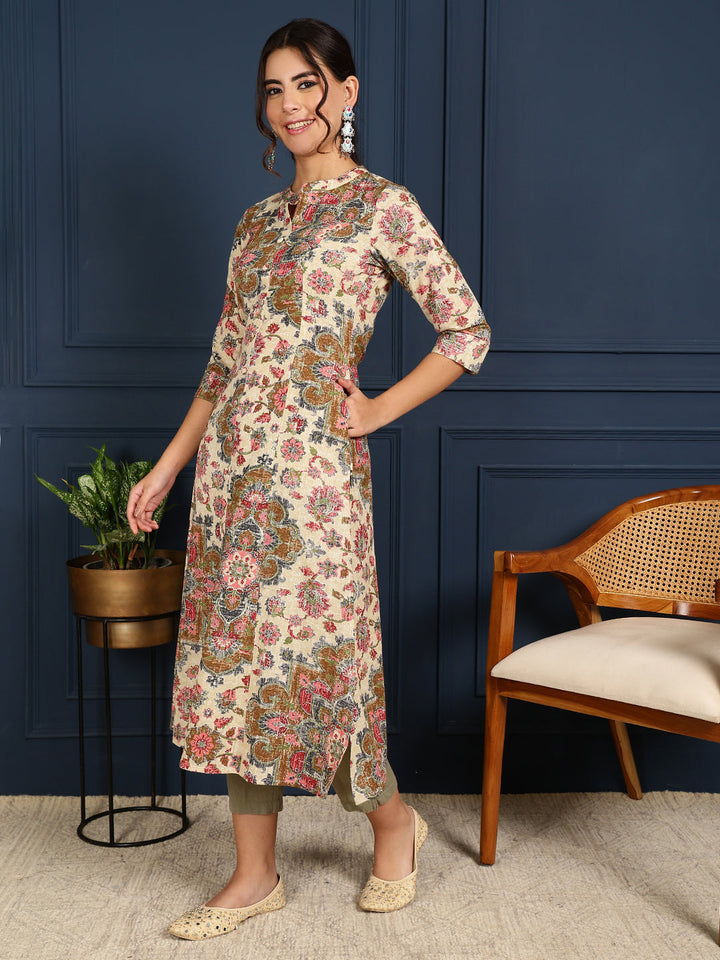 Flex Calf Length Printed A-Line 3/4 Sleeves Mandarin Coller Kurta