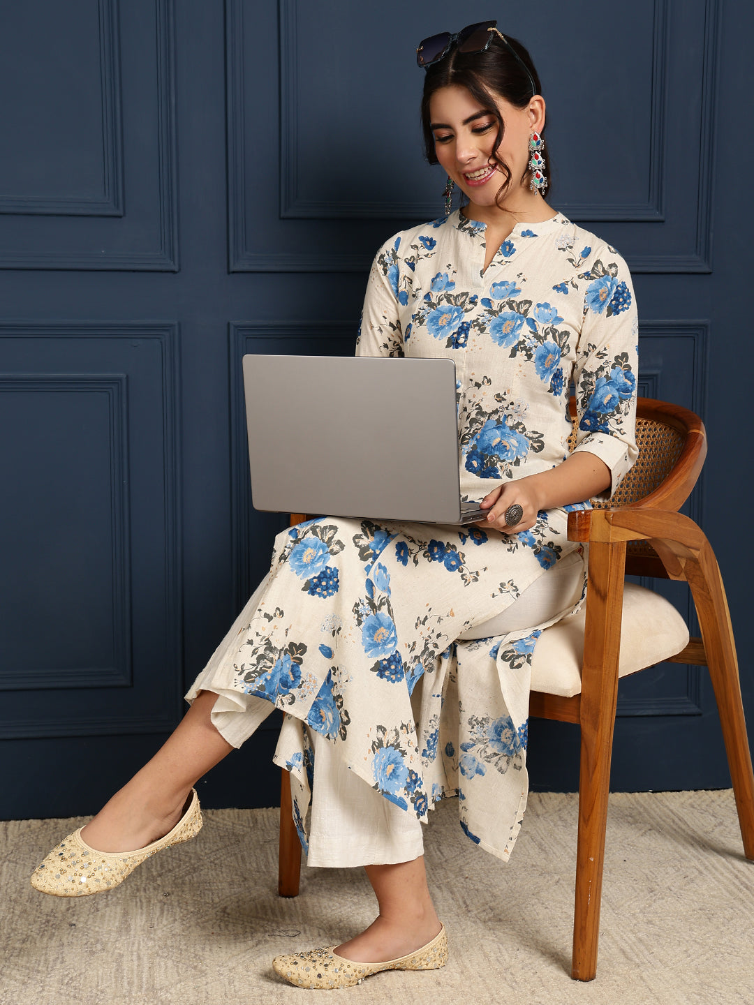 Flex Calf Length Printed A-Line 3/4 Sleeves Mandarin Coller Kurta