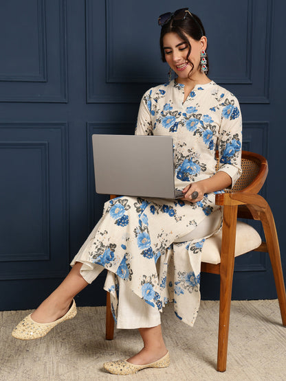 Flex Calf Length Printed A-Line 3/4 Sleeves Mandarin Coller Kurta