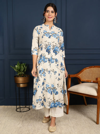 Flex Calf Length Printed A-Line 3/4 Sleeves Mandarin Coller Kurta