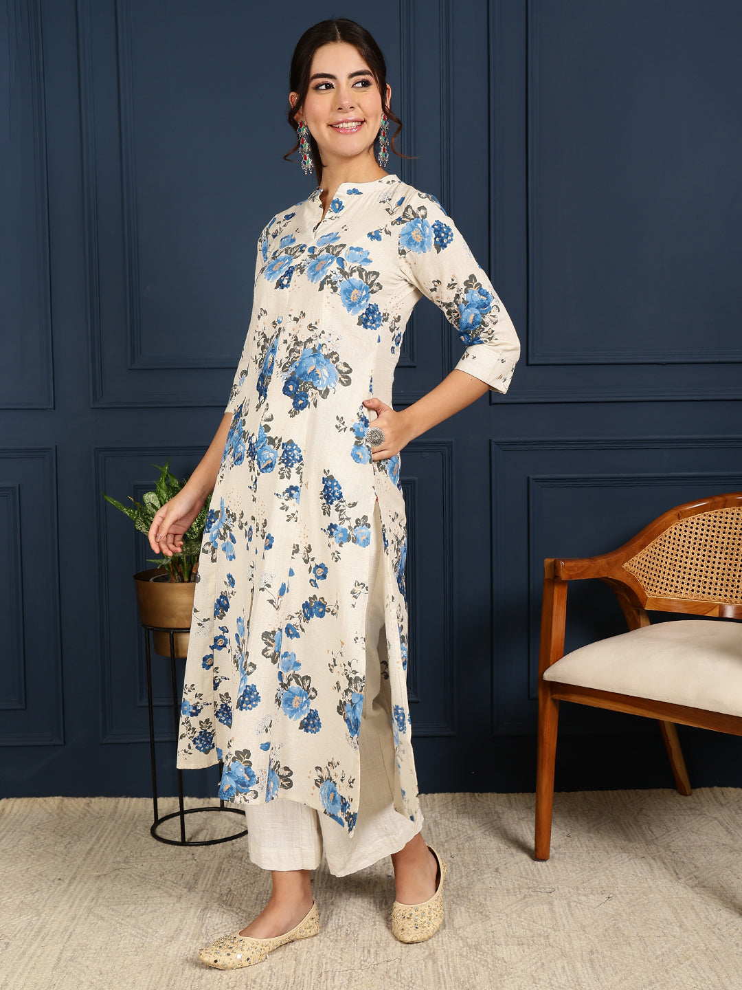 Flex Calf Length Printed A-Line 3/4 Sleeves Mandarin Coller Kurta