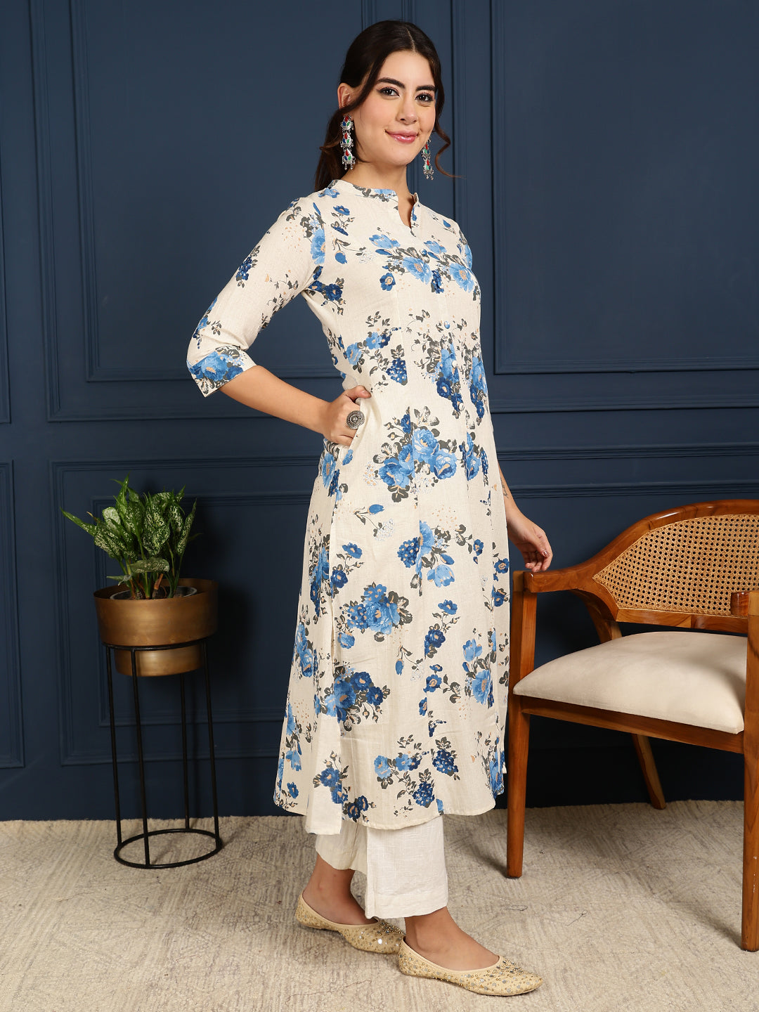 Flex Calf Length Printed A-Line 3/4 Sleeves Mandarin Coller Kurta