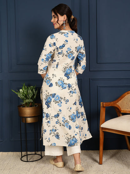 Flex Calf Length Printed A-Line 3/4 Sleeves Mandarin Coller Kurta