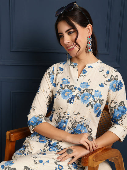 Flex Calf Length Printed A-Line 3/4 Sleeves Mandarin Coller Kurta