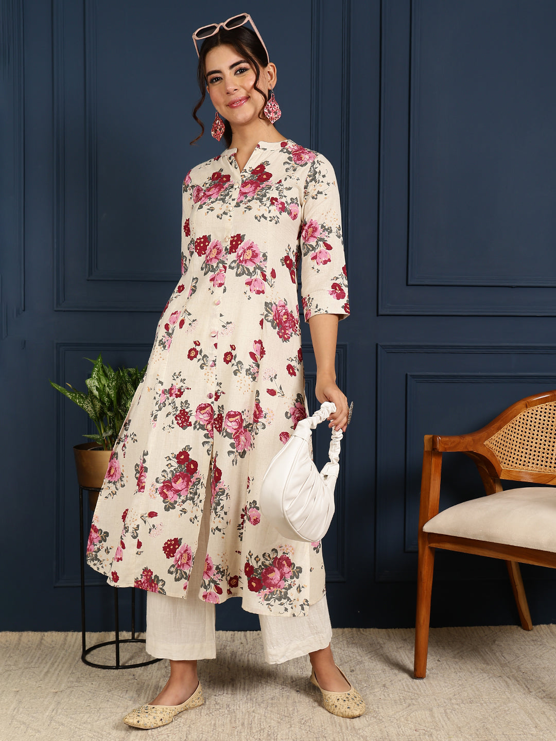 Flex Calf Length Printed A-Line 3/4 Sleeves Mandarin Coller Kurta