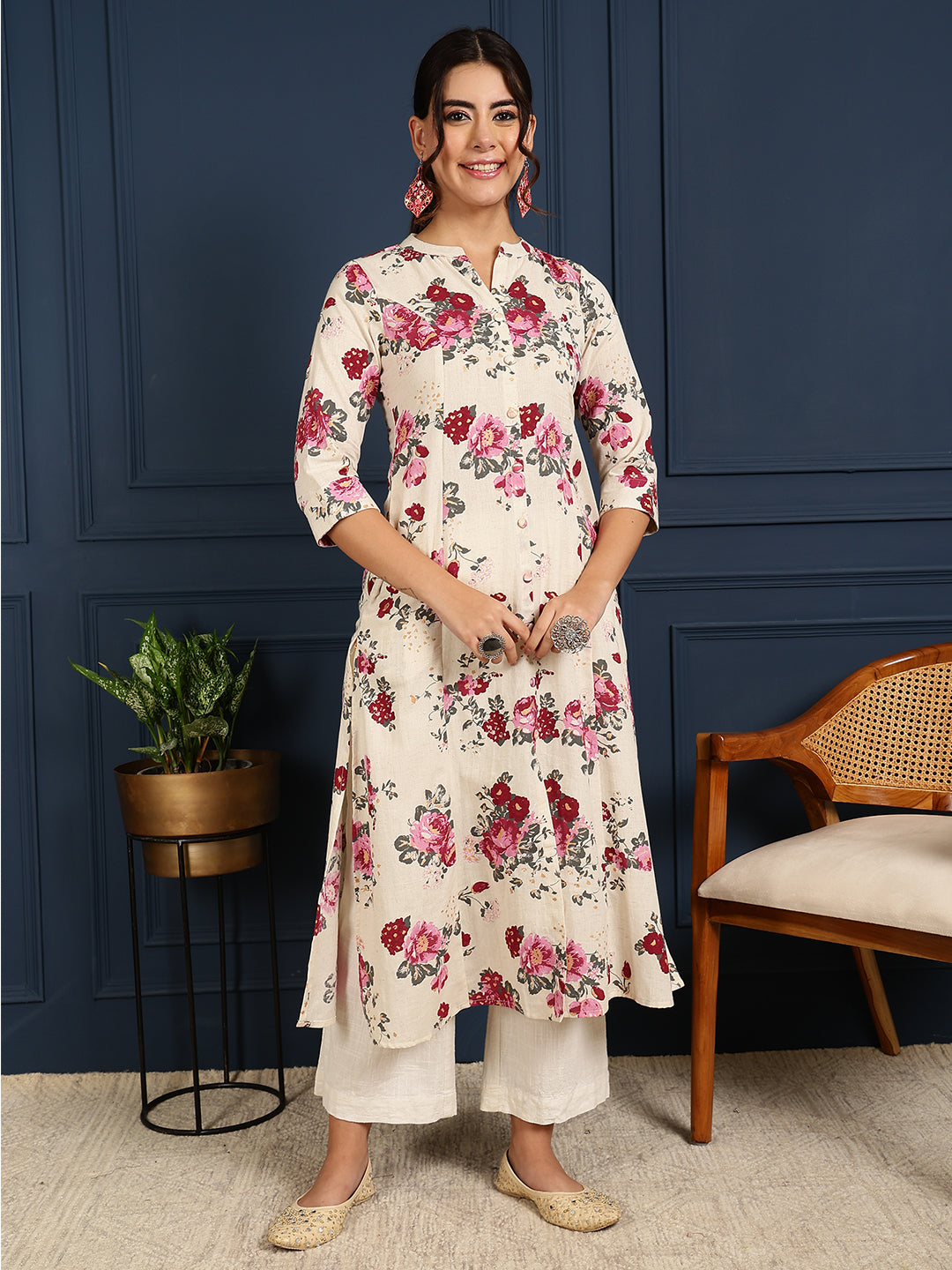 Flex Calf Length Printed A-Line 3/4 Sleeves Mandarin Coller Kurta