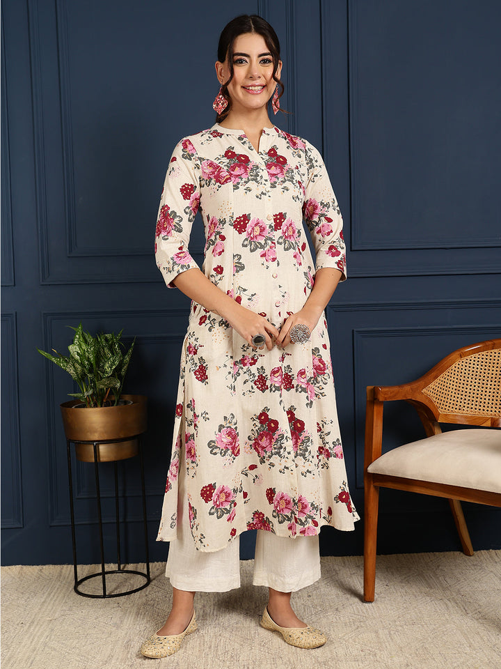 Flex Calf Length Printed A-Line 3/4 Sleeves Mandarin Coller Kurta