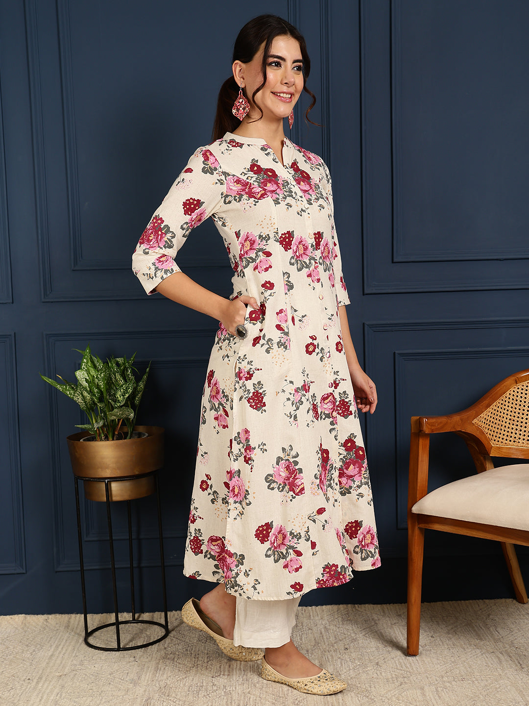 Flex Calf Length Printed A-Line 3/4 Sleeves Mandarin Coller Kurta