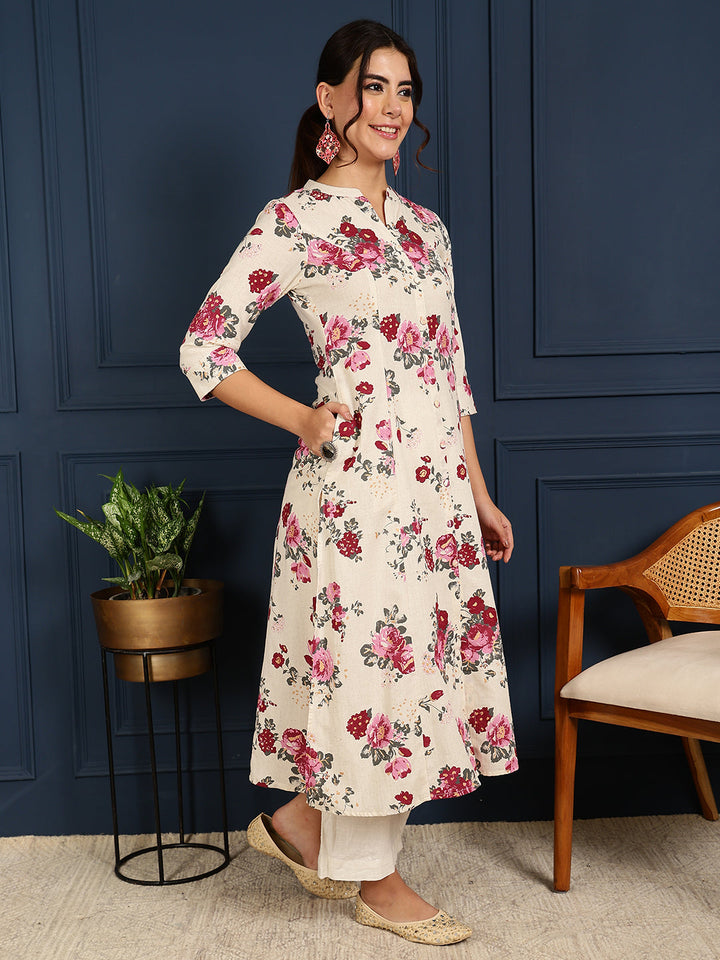 Flex Calf Length Printed A-Line 3/4 Sleeves Mandarin Coller Kurta